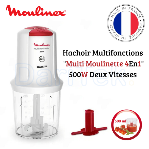 Hachoir Electrique 4En1 - 500 W 500 ml 2 Vitesses - Moulinex Multi Moulinette AT710110