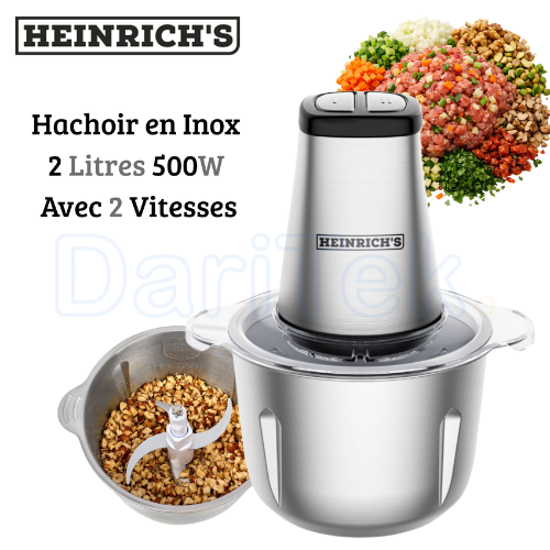 Hachoir Électrique en Inox 2 Litres 500W avec 2 Vitesses et 4 Lames - Heinrich's HMZ 8849