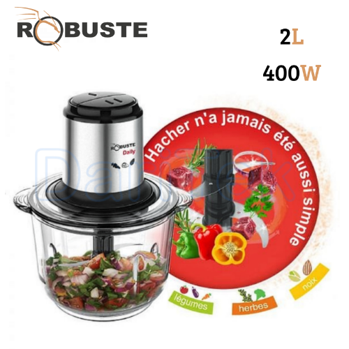 Hachoir Electrique Multifonction 400W 2 Vitesses 2 Litres avec Bol En Verre et 4 Lames - Robuste Daily