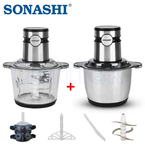 Hachoir Electrique Tactile 2 En 1 Verre et Inox 400 W 3 L 6 Lames avec Eplucheur d'Ail et Batteur - Sonashi SMC-25