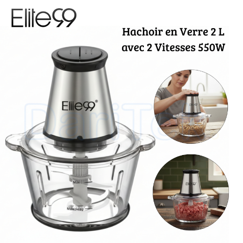 Hachoir Electrique en Verre 550W 2 Litres avec 2 Vitesses et 4 Lames - Elite99 ELT-2540