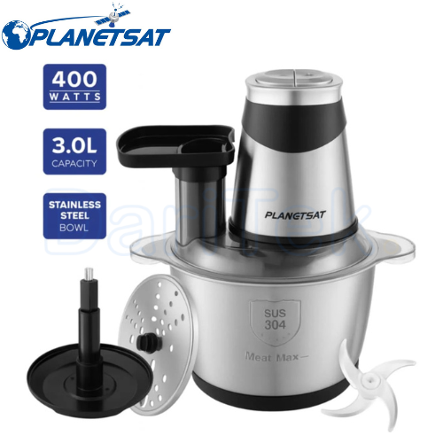Hachoir Electrique Multifonction en Inox 400W 3L 4 Lames avec Batteur et Disque De Coupe Légumes -Planetsat PMC-1972