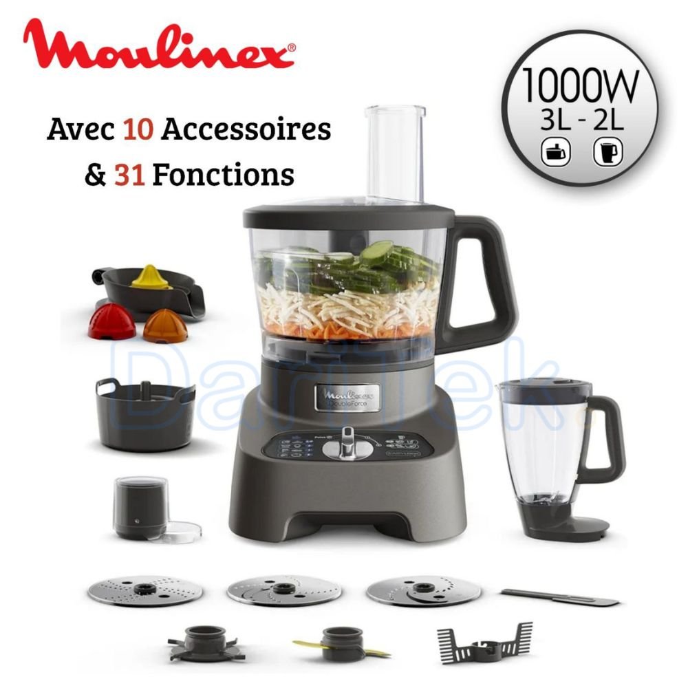 Robot Multifonction Culinaire De Cuisine 1000W 3L Avec 31 Fonctions et 10 Accessoires - Moulinex DoubleFroce FP825E10