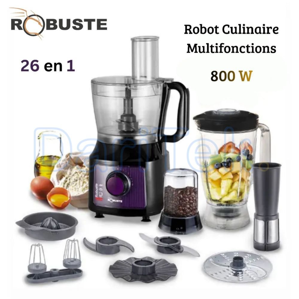 Robot Multifonction 8 Accessoires 26 Fonctions 800W 1.2L avec Blender 1.8L - Robuste 26F