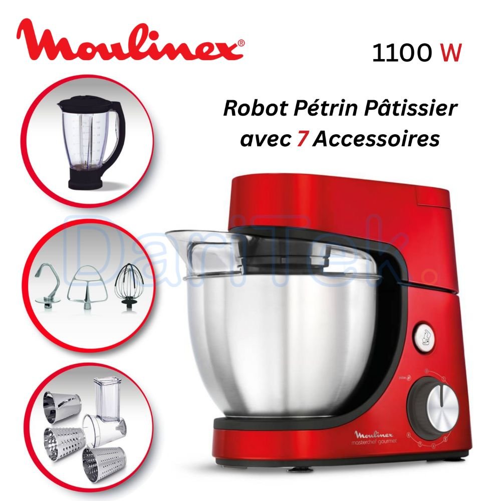 Robot Pétrin Pâtissier avec 7 Accessoires 1100W 4.6L 8 Vitesses Rouge - Moulinex Masterchef gourmet QA512G10