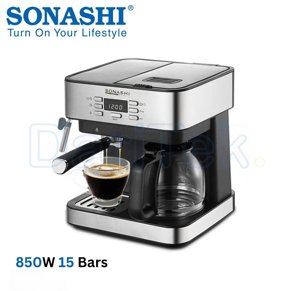 Machine à Café Expresso Sonashi 850W 15 Bars avec Mousseur à Lait et Carafe - SCM-4976