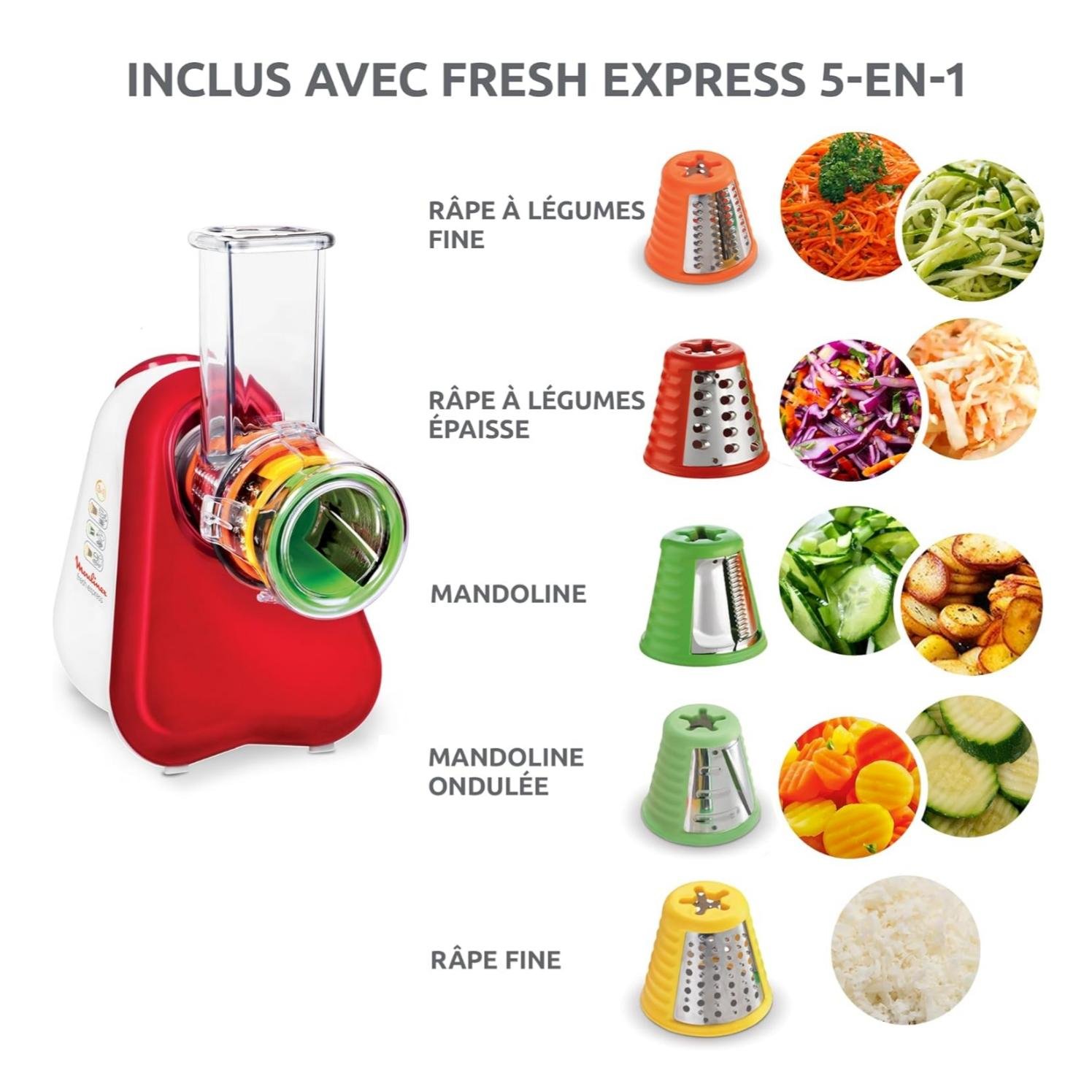 مفرمة كهربائية لتقطيع الخضروات 5 في 1 – 200 واط مع 5 أقماع – Moulinex Fresh Express DJ755G32 - الصورة 3