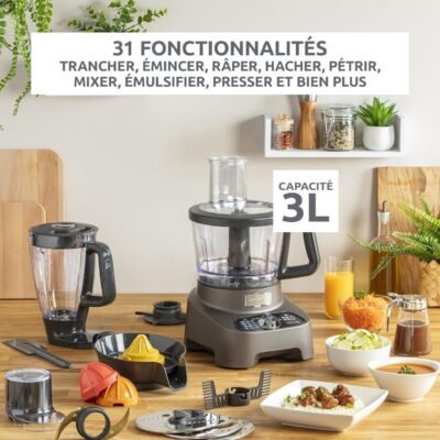 روبوت مطبخ متعدد الوظائف 1000 واط، بسعة 3 لترات مع 31 وظيفة و10 ملحقات - Moulinex DoubleForce FP825E10 DariTek