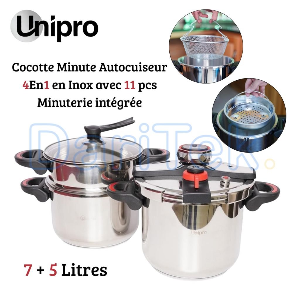 طقم طنجرة ضغط مكون من 8 قطع (7 + 5 لتر) من الفولاذ المقاوم للصدأ مع مؤقت - متوافقة مع جميع أنواع المواقد مع نظام فتح سهل -UniPro UP-CM5+7M