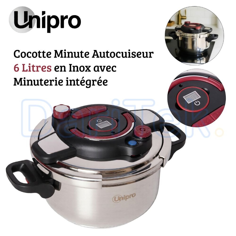 طنجرة ضغط من الفولاذ المقاوم للصدأ سعة 6 لتر مع مؤقت - متوافقة مع جميع أنواع المواقد مع نظام فتح سهل - UniPro UP-CM6G