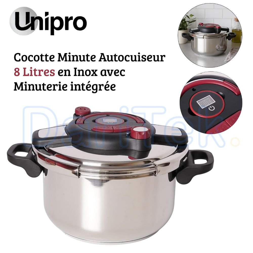 طنجرة ضغط من الفولاذ المقاوم للصدأ سعة 8 لتر مع مؤقت - متوافقة مع جميع أنواع المواقد مع نظام فتح سهل - UniPro UP-CM8G