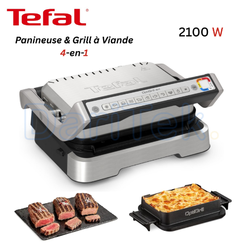 جهاز صنع السندويشات و شواية اللحم الكهربائية 4 في 1 Tefal بقوة 2100 واط مع فتح 180° و 09 برامج طهي و وظائف الشواء والباربكيو و الفرن و طهي الوجبات الكاملة – OptiGrill 4 In 1 GC774D10