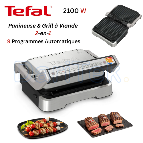 جهاز الشواء الكهربائي 2 في 1 Tefal لتحضير السندويشات و اللحوم بقوة 2100 واط مع فتح 180° و 09 برامج و نظام طهي تلقائي – OptiGrill GC772D10