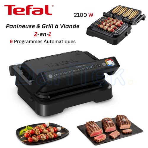 جهاز الشواء الكهربائي 2 في 1 Tefal لتحضير السندويشات و اللحوم بقوة 2100 واط مع فتح 180° و 09 برامج و نظام طهي تلقائي – OptiGrill GC772810