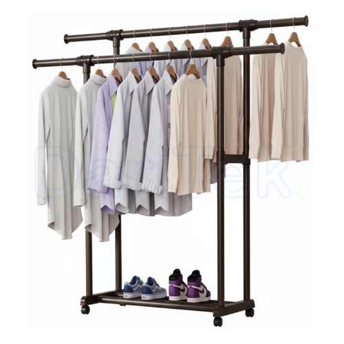 Penderie Porte Vêtements Double Barre en Métal 50 Kg avec Etagère Pour Chaussures et 4 Roues - 140x150x42 cm