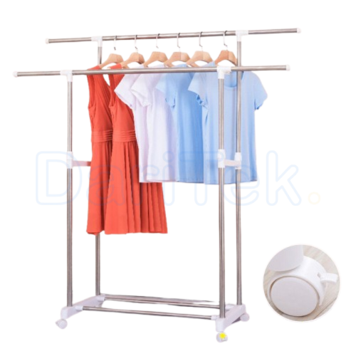 Penderie Double Barre en Inox pour Vêtements 60 Kg avec 04 Roues et Etagère pour Chaussures – Hauteur et Largeur Réglables