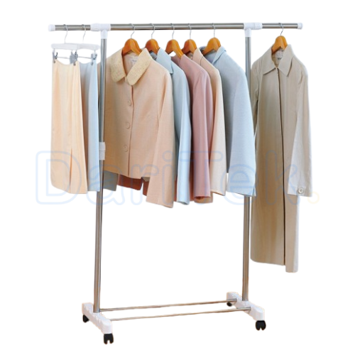 Penderie Single Barre en Inox pour Vêtements 15 Kg avec 04 Roues et Etagère pour Chaussures – Hauteur et Largeur Réglables