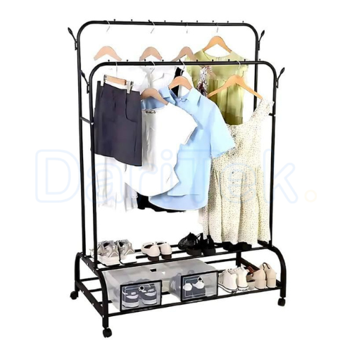 Penderie Double Barre en Métal pour Vêtements 48 Kg avec 04 Crochets Latéraux 02 Etagère pour Chaussures et 04 Roues