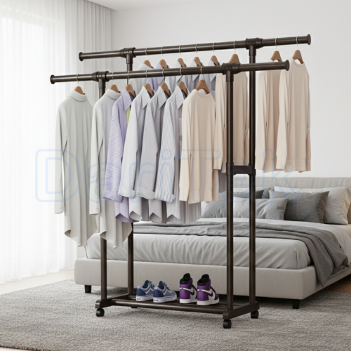 خزانة تعليق الملابس بقضيب مزدوج من المعدن بسعة 50 كغ مع رف للأحذية و4 عجلات – 140×150×42 سم - الصورة 2
