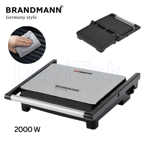 جهاز صنع السندويشات والشواء الكهربائي Brandmann XL من الفولاذ المقاوم للصدأ بقوة 2000 واط مع فتح 180° ومقبض بارد الملمس ومؤشر ضوئي – BR-SM-005