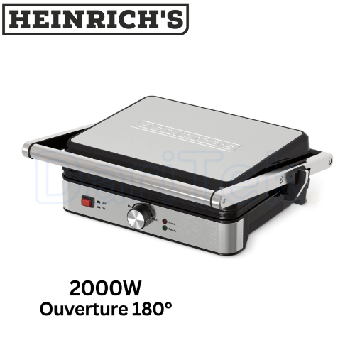 جهاز صنع السندويشات و الشواية الكهربائية Heinrich’s من الفولاذ المقاوم للصدأ بقوة 2000 واط مع فتح بزاوية 180° والتحكم في درجة الحرارة – HKG 8685