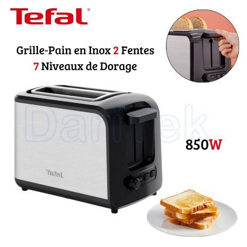 Grille Pain Electrique Tefal Double Fentes 850W en Inox 07 Niveaux de Dorage avec Fonction Décongélation et Réchauffage - Toaster TT410D10