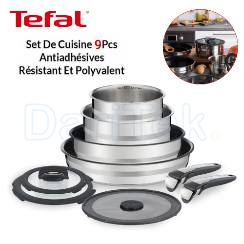 طقم أواني طهي Tefal مكون من 9 قطع – مقبضان قابلان للإزالة، مقلاة وقدور غير لاصقة من الفولاذ المقاوم للصدأ – Ingenio Jamie Oliver L95691