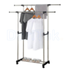 خزانة تعليق الملابس بقضيب مزدوج من الفولاذ المقاوم للصدأ بسعة 30 كغ مع 4 عجلات ورف للأحذية – قابلة لتعديل الارتفاع والعرض