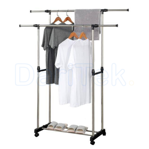 Penderie Double Barre en Inox pour Vêtements 30 Kg avec 04 Roues et Etagère pour Chaussures - Hauteur et Largeur Réglables