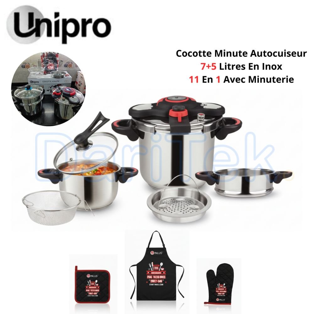 طقم طنجرة ضغط 5 + 7 لتر - 11 في 1 مع مؤقت، كسكاس، قفازات حرارية ومئزر - UniPro UP-CM7+5SSN
