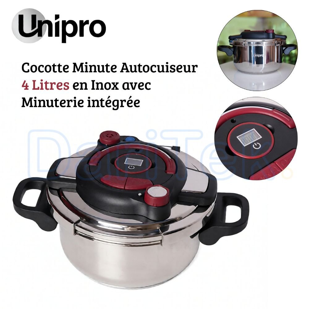 طنجرة ضغط من الفولاذ المقاوم للصدأ سعة 4 لتر مع مؤقت - متوافقة مع جميع أنواع المواقد مع نظام فتح سهل - UniPro UP-CM4G