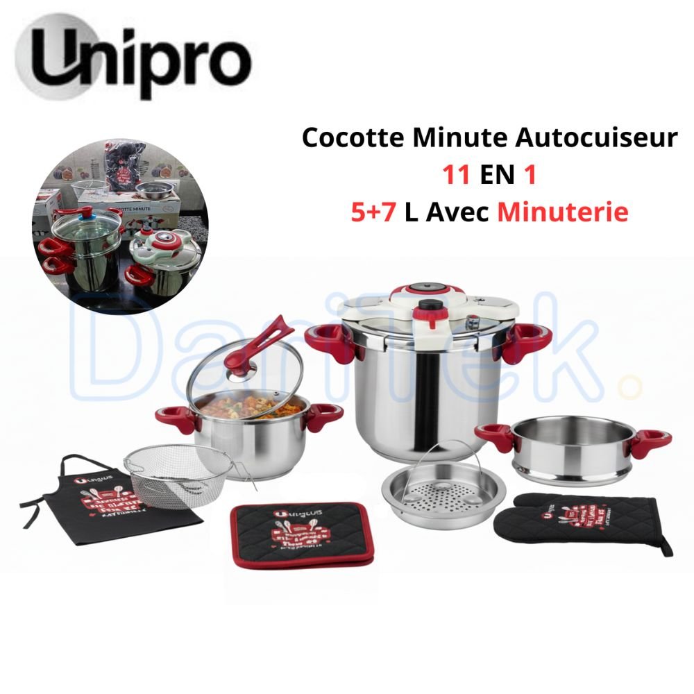 Cocotte Minute Autocuiseur UniPro 5+7 L - 11 En 1 Avec Minuterie Couscoussier Gants Thermiques Et Tablier - UP-CM7+5SSR