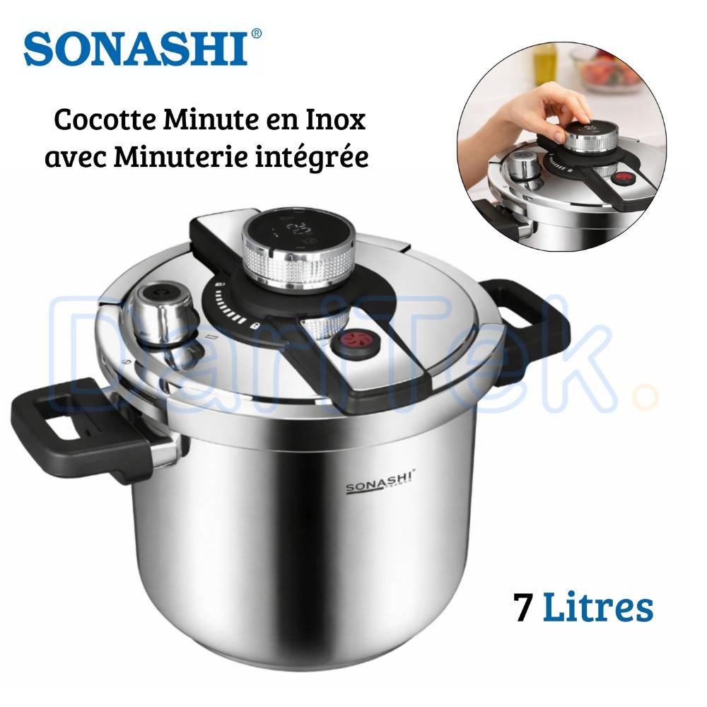 Cocotte Minute Autocuiseur Sonashi Inox 7 Litres avec Minuterie - Compatible Tous Feux - SPC-018