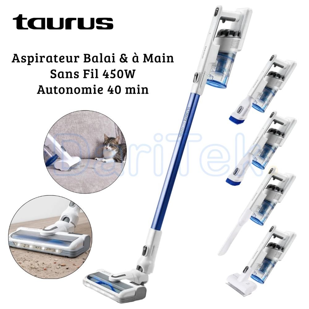 Taurus Aspirateur Balai sans fil 3en1- 450W Réservoir 500mL 2 Vitesses Eco et Turbo - Spécial Kit Animal - Autonomie de 40min - léger Avec Accessoires Inclus - ULTIMATE GO ANIMAL