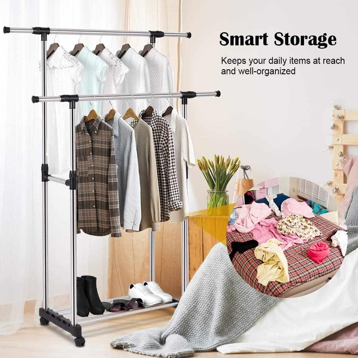 خزانة تعليق الملابس بقضيب مزدوج من الفولاذ المقاوم للصدأ بسعة 30 كغ مع 4 عجلات ورف للأحذية – قابلة لتعديل الارتفاع والعرض - الصورة 5