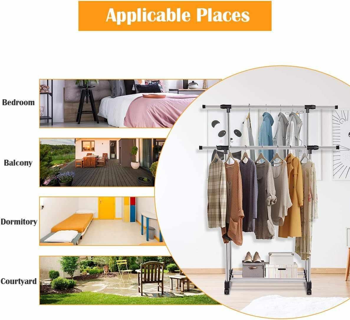 خزانة تعليق الملابس بقضيب مزدوج من الفولاذ المقاوم للصدأ بسعة 30 كغ مع 4 عجلات ورف للأحذية – قابلة لتعديل الارتفاع والعرض - الصورة 6
