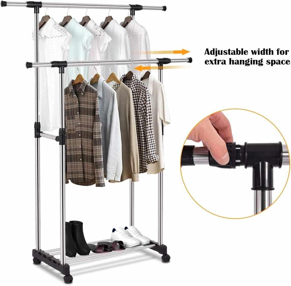 خزانة تعليق الملابس بقضيب مزدوج من الفولاذ المقاوم للصدأ بسعة 30 كغ مع 4 عجلات ورف للأحذية – قابلة لتعديل الارتفاع والعرض - الصورة 8