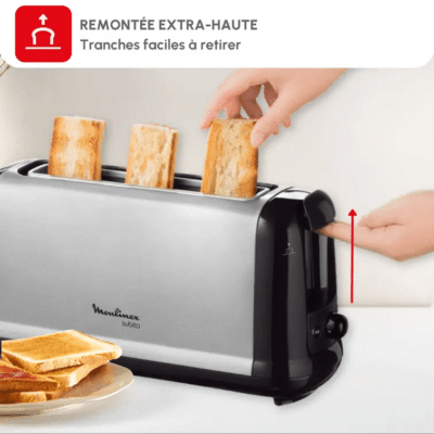 محمصة خبز كهربائية Moulinex بفتحة طويلة من الفولاذ المقاوم للصدأ بقوة 1000 واط مع 7 مستويات تحميص ووظيفة إذابة التجميد وإعادة التسخين – Subito LS260800 DariTek
