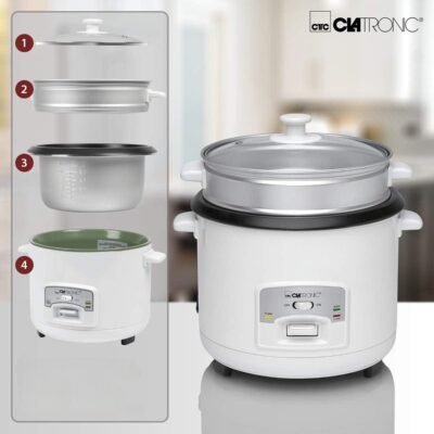 طباخة الأرز بالبخار 2 في 1 Clatronic بسعة 2.5 لتر وقوة 700 واط مع طلاء غير لاصق وسلة تبخير من الألومنيوم – RK 3566 DariTek