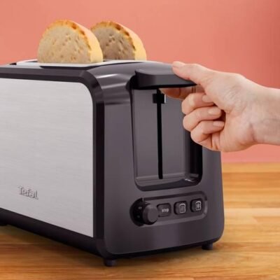 محمصة خبز كهربائية Tefal بفتحتين بقوة 850 واط من الفولاذ المقاوم للصدأ مع 7 مستويات تحميص ووظيفة إذابة التجميد وإعادة التسخين – Toaster TT410D10 DariTek