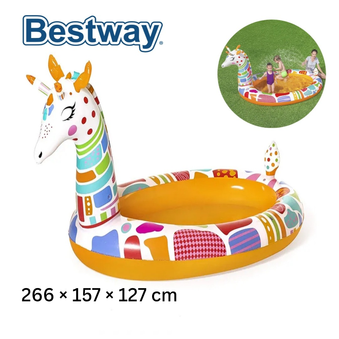 مسبح أطفال دائري قابل للنفخ على شكل زرافة مع رشاش ماء من Bestway بأبعاد 266 × 157 × 127 سم - 53089 Piscine Rond Gonflable Bestway Giraffe Pour Enfants Avec Arroseur 266 x 157 x 127cm - 53089