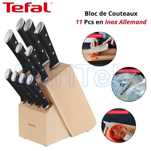 Bloc de Couteaux de Cuisine Tefal Ice Force 11 Pièces avec Bloc en Bois et Lames en Inox Allemand Ultra Tranchant - K232SA14