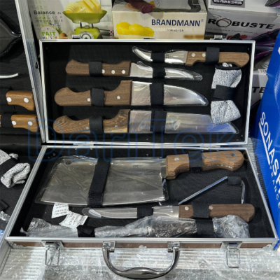 Ensemble de Couteaux Valise 09 Pièces en Acier Inoxydable et Poignées En Bois avec Couperet, Aiguiseur et Gant de Protection DariTek