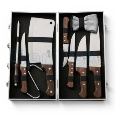 Ensemble de Couteaux Valise 09 Pièces en Acier Inoxydable et Poignées En Bois avec Couperet, Aiguiseur et Gant de Protection