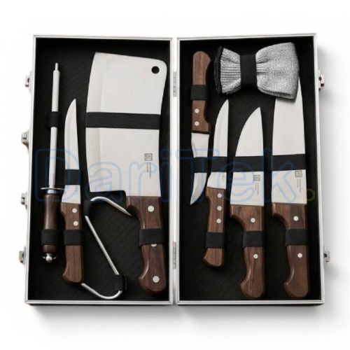 Ensemble de Couteaux Valise 09 Pièces en Acier Inoxydable et Poignées En Bois avec Couperet, Aiguiseur et Gant de Protection