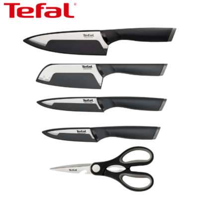 طقم سكاكين المطبخ Tefal Comfort من 5 قطع من الفولاذ المقاوم للصدأ مع مقص وأغطية حماية – K2215S55 DariTek