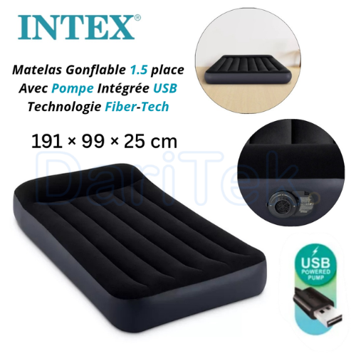 Matelas Gonflable Intex 1.5 Place avec Pompe Intégrée Electrique USB 191 x 99 x 25 cm pour Camping Plage et Maison - 66127