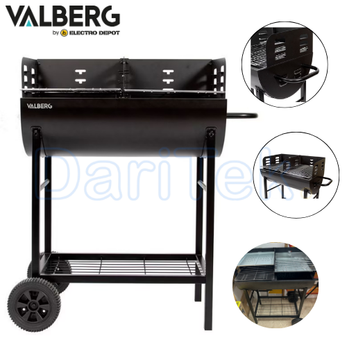 Barbecue à Charbon VALBERG avec 02 Roues et 02 Grilles Indépendantes à 03 Niveaux de Hauteur - CH-VAL-DBARREL6640