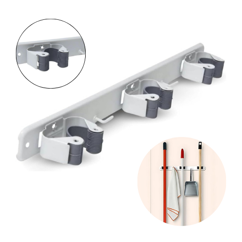 Support Mural Multifonction pour Balais et Outils avec 3 Compartiments et 2 Crochets