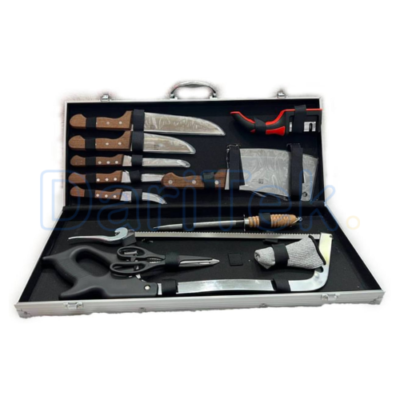 Ensemble de Couteaux Valise 11 Pièces en Acier Inoxydable et Poignées En Bois avec Couperet, Scie à Métaux, Aiguiseur, Ciseaux et Gant de Protection DariTek